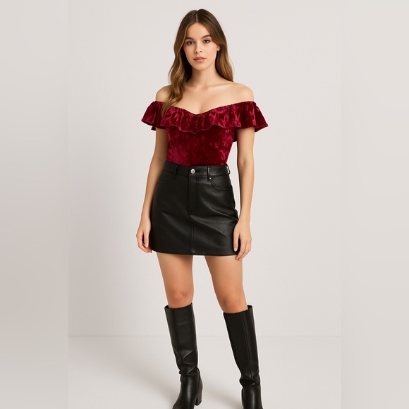iris Tops - IRIS Burgundy Crushed Velvet Off-Shoulder Bodysuit – M – NWT